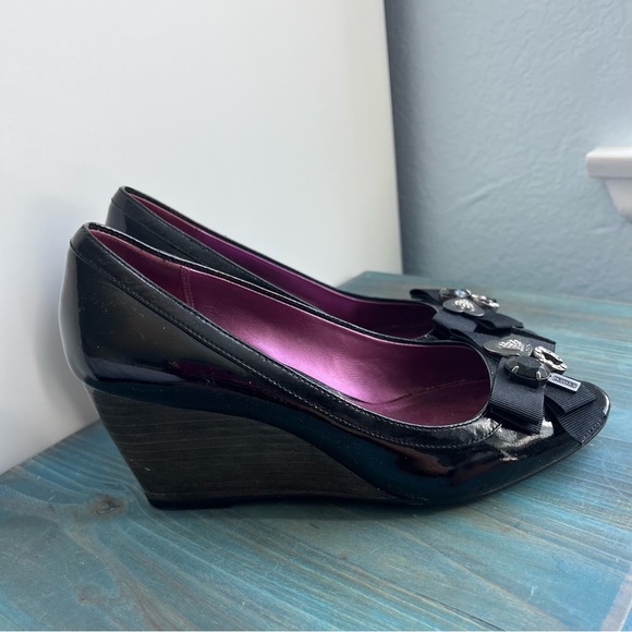 Coach Poppy Jaden Black Open Toe Patent Leather Wedge Pump Size - Picture 12 of 16
